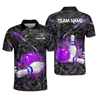 Custom Team Black Swirling Marbled Bowling Mens Polo Shirts, Custom Team Bowling Shirts BZ1092
