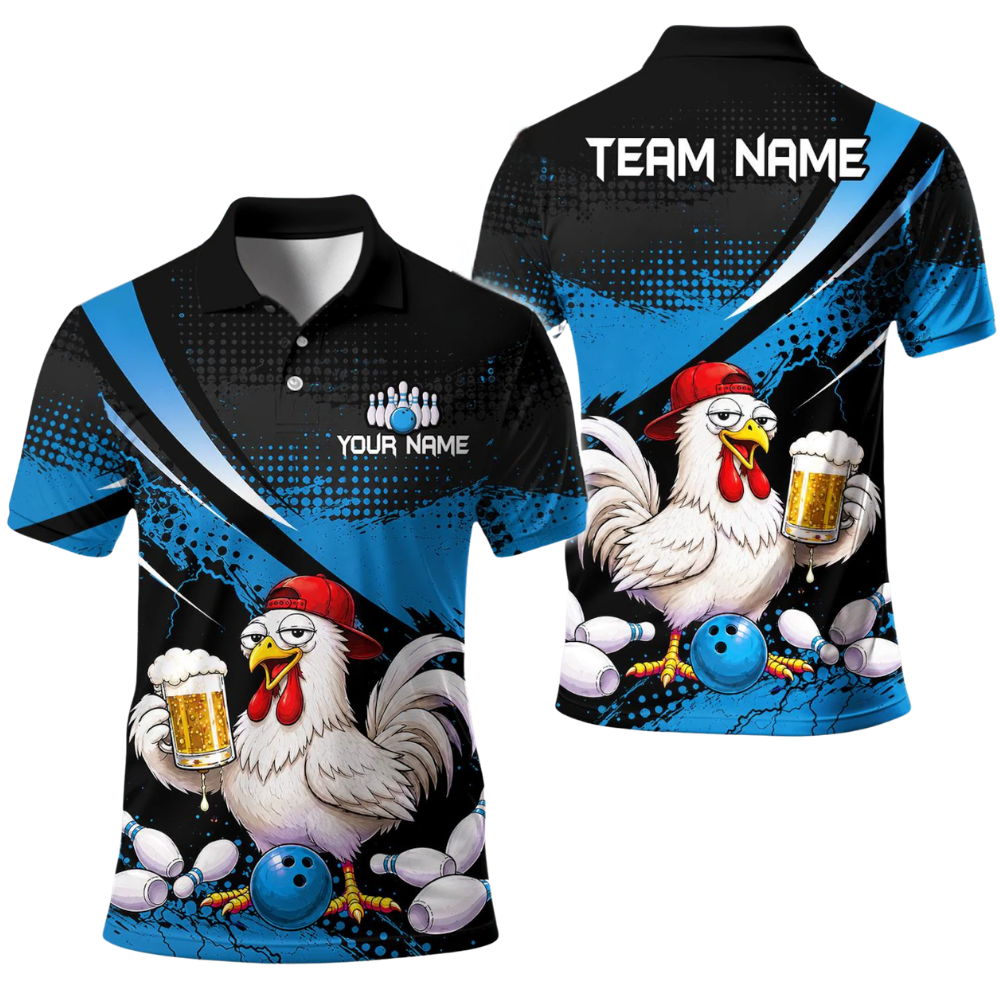 Custom Rooster Beer Bowling Polo Shirt For Men, Custom Chicken Bowling Team Shirts BE0206