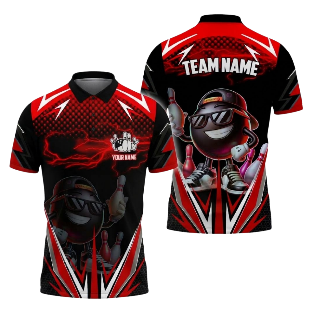 Funny Ball Custom Red Black Bowling Polo Shirt Men, Custom Funny Bowling Team Shirt BZ1081