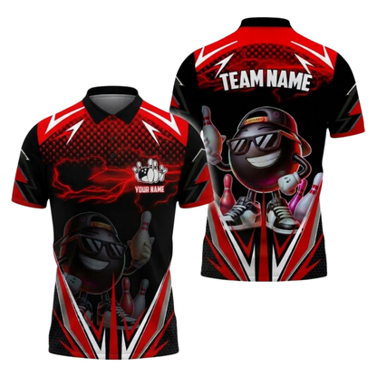 Funny Ball Custom Red Black Bowling Polo Shirt Men, Custom Funny Bowling Team Shirt BZ1081