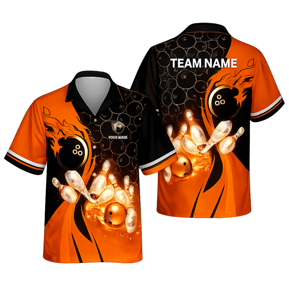 Custom Blue Flame Bowling Hawaiian Shirt For Men Women, Custom Flame Team Bowling Shirts BE0189