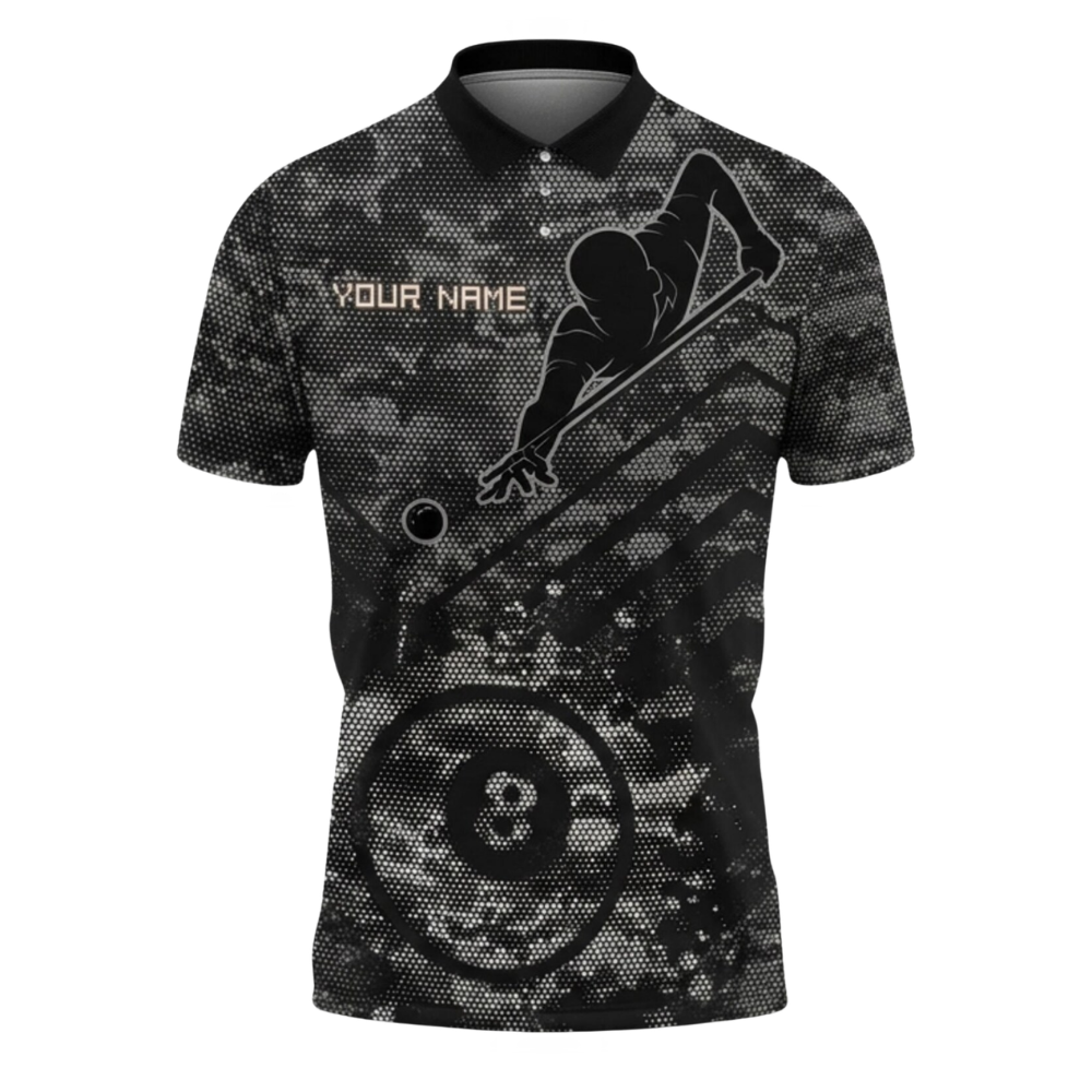 Custom Black Camo 8 Ball Billiard Polo Shirts For Men, Custom Camo Billiard Team Shirts BIE0067