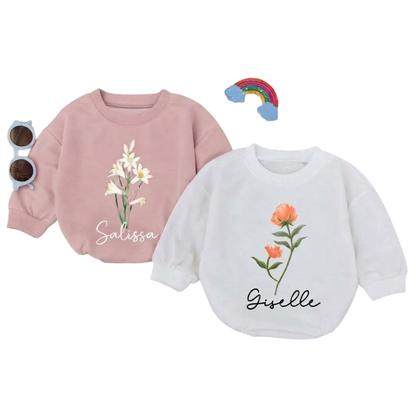 Custom Birth Month Flower Baby Romper Sweatshirt, Custom Name Floral Baby Romper Sweatshirt BB0083
