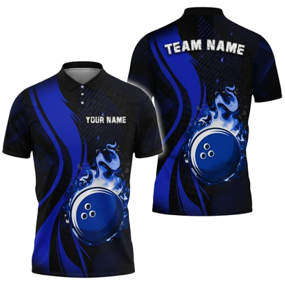 Custom Blue Flame Ball Bowling Polo Shirt For Men, Custom Flame Team Bowling Shirts BZ0746