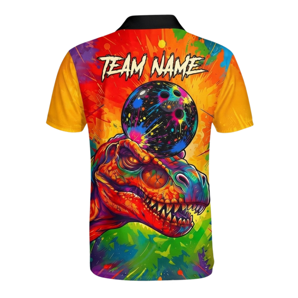 Custom T-Rex Colorful Men's Bowling Polo Shirt, Custom Dinosaur Bowling Team Shirt BZ0927