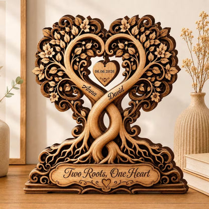 Two Roots One Heart Custom Couple Tree Layer Wooden Plaque, Custom Couple Wedding Keepsake Wooden Block WD0928