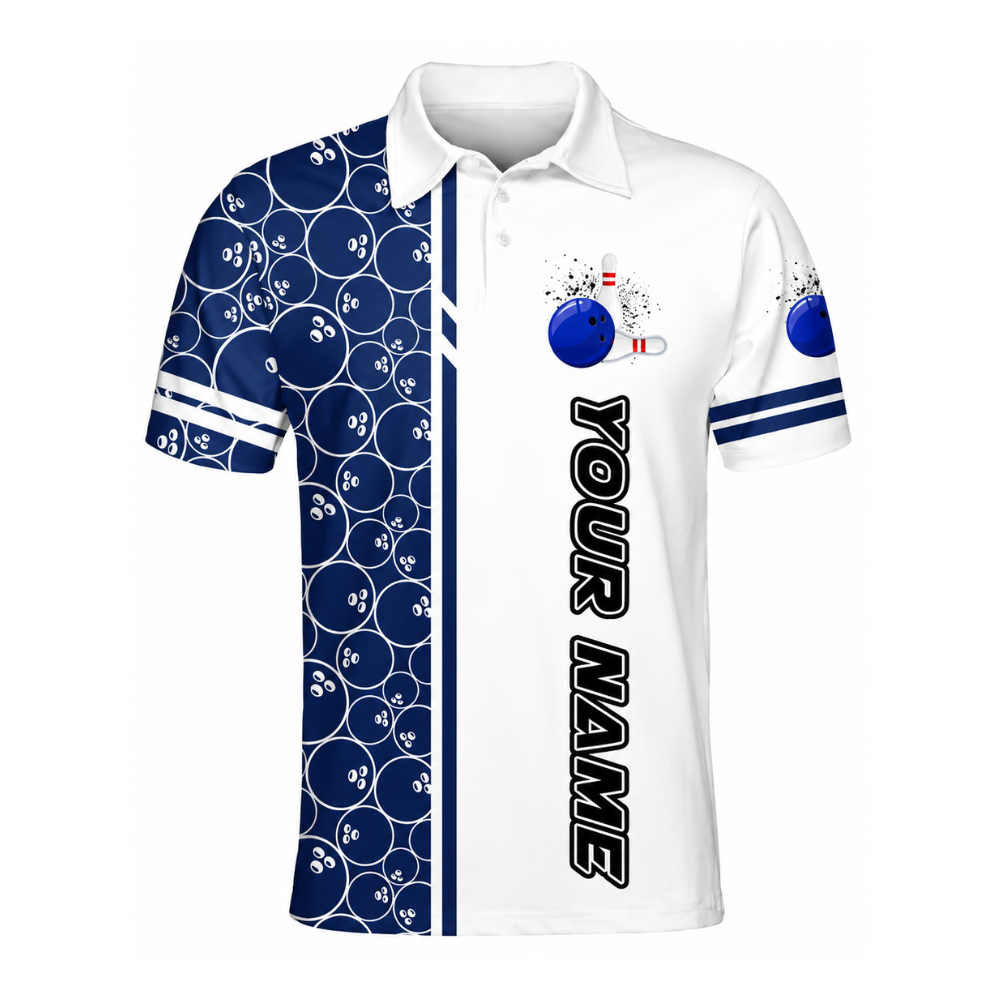 Men's Custom Team Blue White Bowling Polo Shirt, Custom Bowling Team Shirts BZ0446