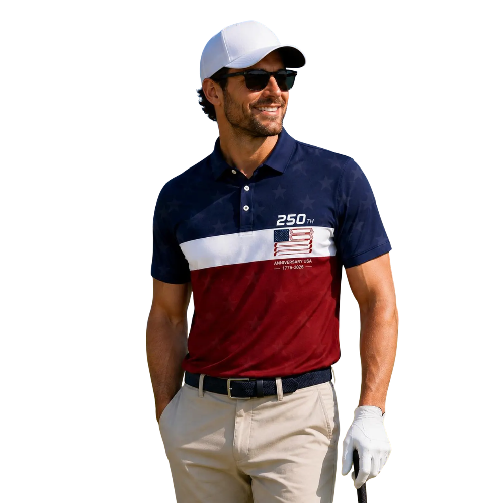 250th Anniversary USA 1776-2026 Navy White Red Golf Polo Shirt Men, 4th Of July Patriotic Golf Shirts GE0485