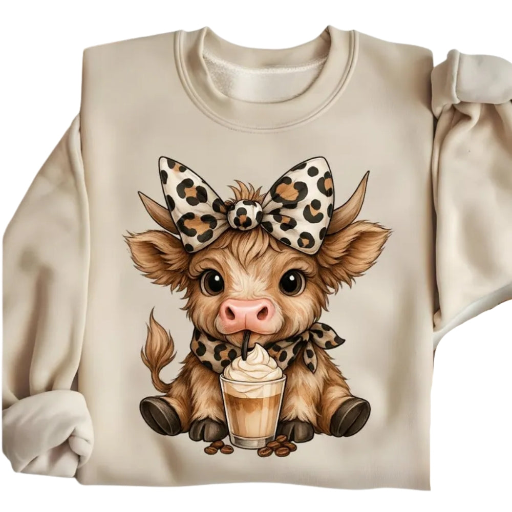 Cute Leopard Highland Cow Sweatshirt, Highland Cow Lover Iced Coffee Sweatshirt 2D0777