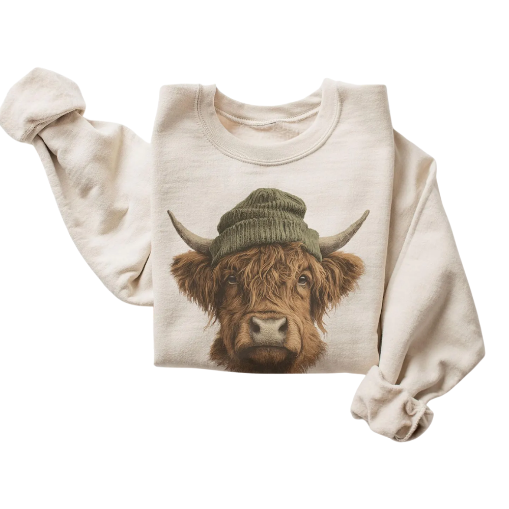Highland Cow Wearing Beanie Sweatshirt, Cow Lover Sweatshirt Retro 2D1036