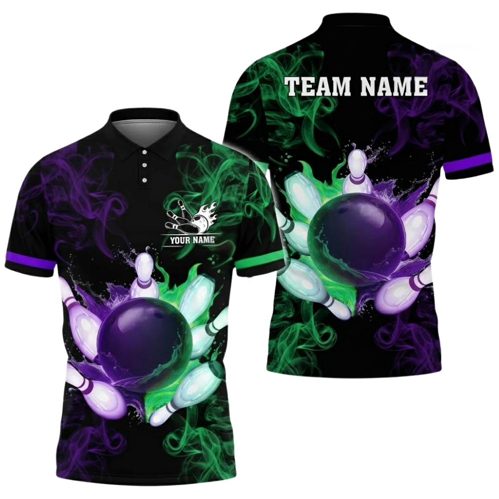 Custom Smoke Purple Green Bowling Polo Shirt For Men, Custom Team Bowling Shirts BZ0507