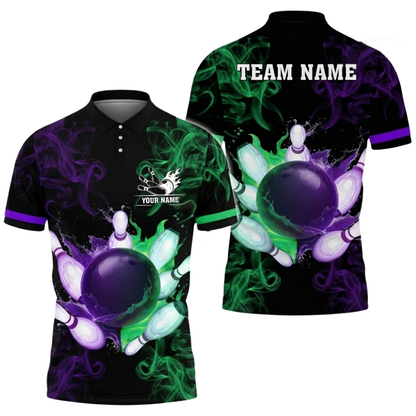 Custom Smoke Purple Green Bowling Polo Shirt For Men, Custom Team Bowling Shirts BZ0507