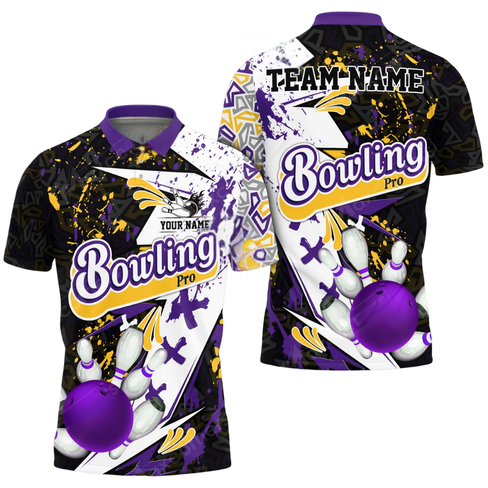 Custom Team Abstract Black Blue White Bowling Polo Shirt For Men, Custom Bowling Shirts BZ0779