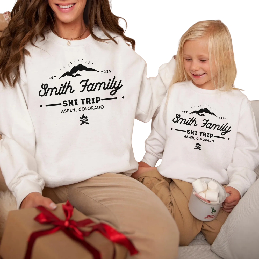 Custom Family Name Ski Trip Matching Sweatshirts, Custom Ski Vacation Sweatshirt For Family ET1346