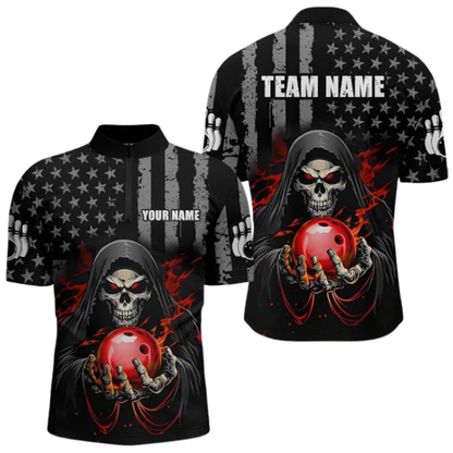 Custom Skeleton USA Flag Bowling Jersey For Men, Custom Skull Bowling Shirts BZ0668