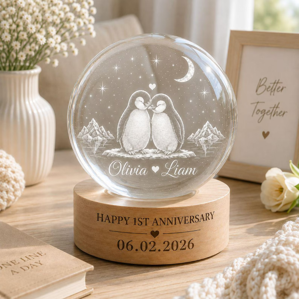 Custom Penguin 1st Anniversary Crystal Ball Led Night Light, Custom Penguin Couple Night Light WD0856