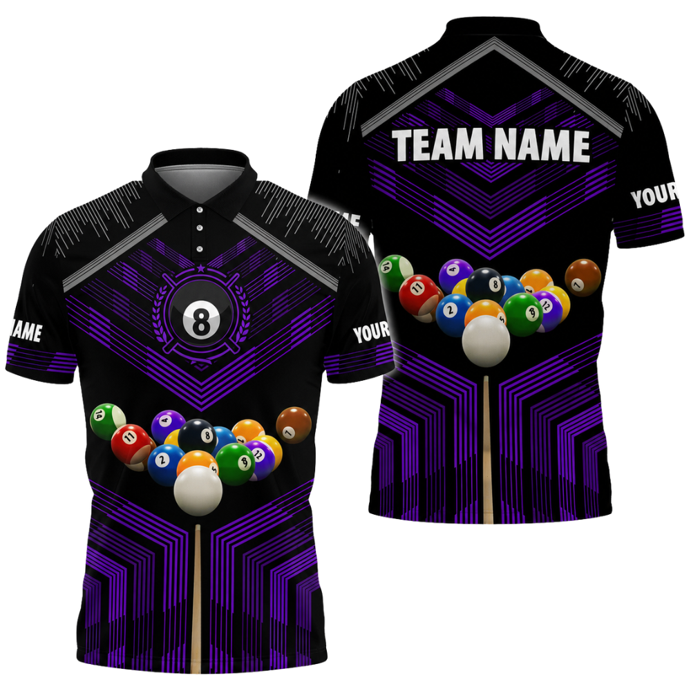 Custom Team 8 Ball Black Blue Billiard Men Polo Shirt, Custom Billiard Team Shirts BIZ0312
