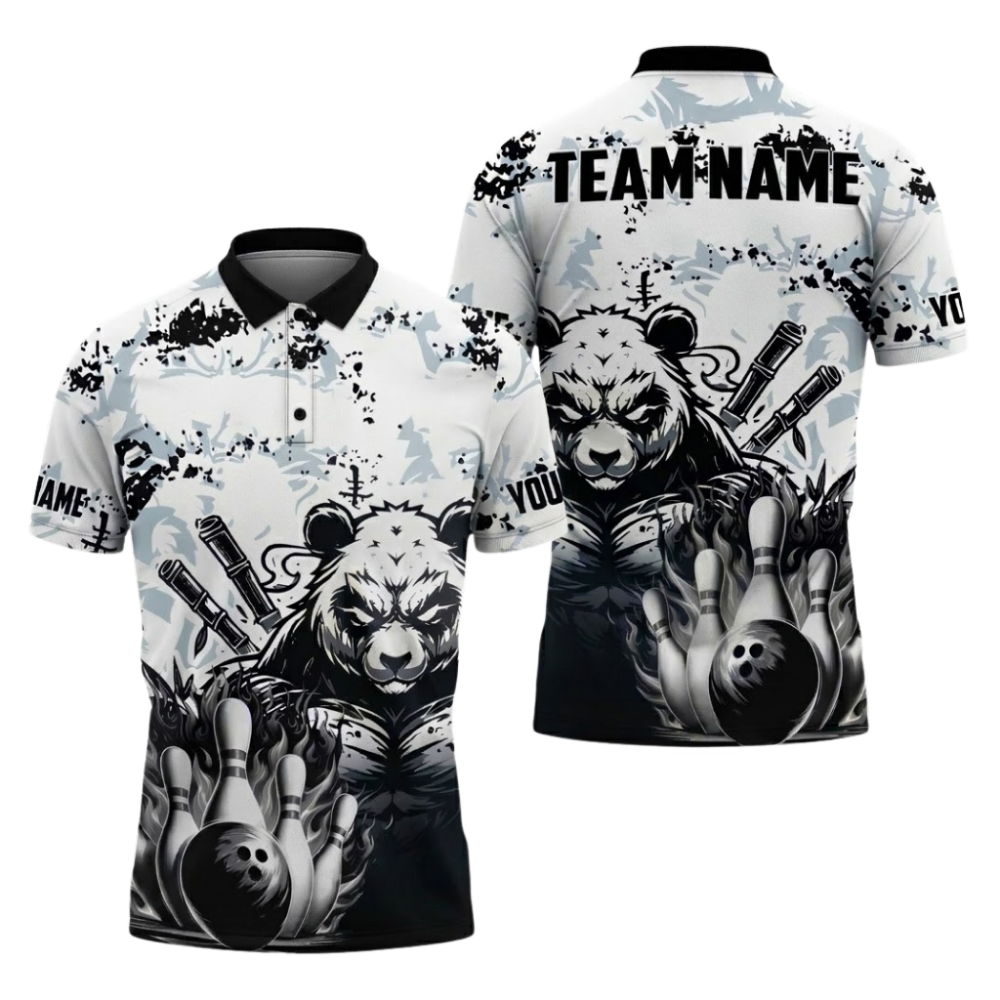Custom Panda Bowling Polo Shirts Mens Black White, Custom Panda Bowling Shirt For Team BZ1099