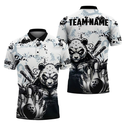 Custom Panda Bowling Polo Shirts Mens Black White, Custom Panda Bowling Shirt For Team BZ1099