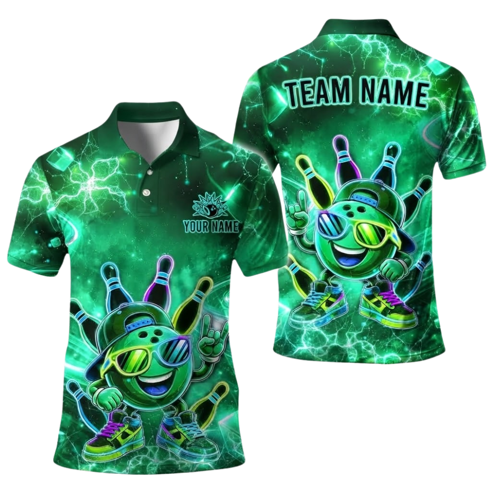 Funny Ball Custom Neon Green Bowling Polo Shirt For Men, Custom Bowling Team Shirts BE0254