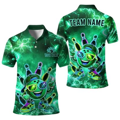 Funny Ball Custom Neon Green Bowling Polo Shirt For Men, Custom Bowling Team Shirts BE0254