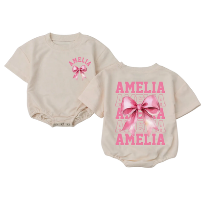 Custom Name Baby Girl Pink Coquette Bow Bubble T Shirt Romper, Personalized Baby Girl Romper BB0063