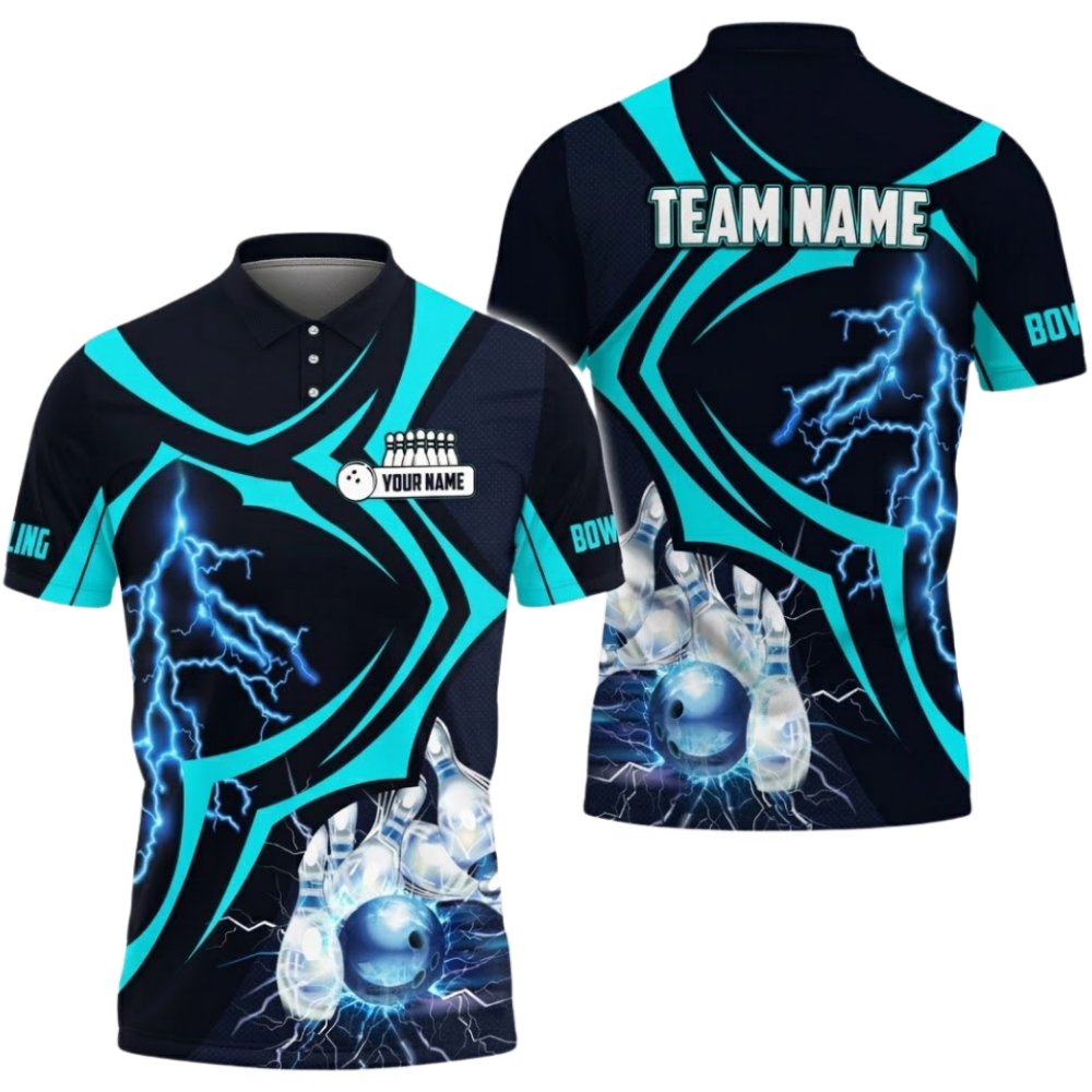Custom Cyan Thunder Mens Bowling Polo Shirt, Custom Team Thunder Bowling Shirts BZ0662