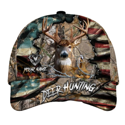 Deer Hunting Personalized USA Flag Camo Baseball Cap, Custom Name Deer Cap For Hunter CP0438