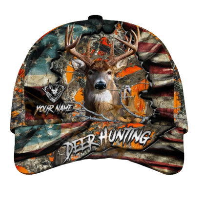 Deer Hunting Personalized USA Flag Camo Baseball Cap, Custom Name Deer Cap For Hunter CP0438