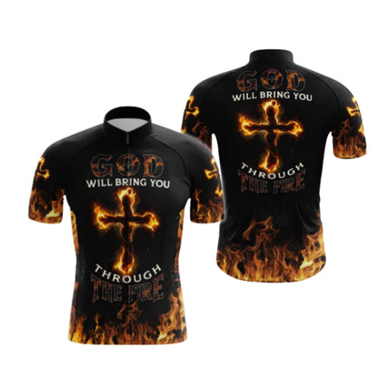 God Wil Bring You Through The Fire Cross Flame Short Sleeve Cycling Jersey For Men, Christian Cycling Jerseys CG0545