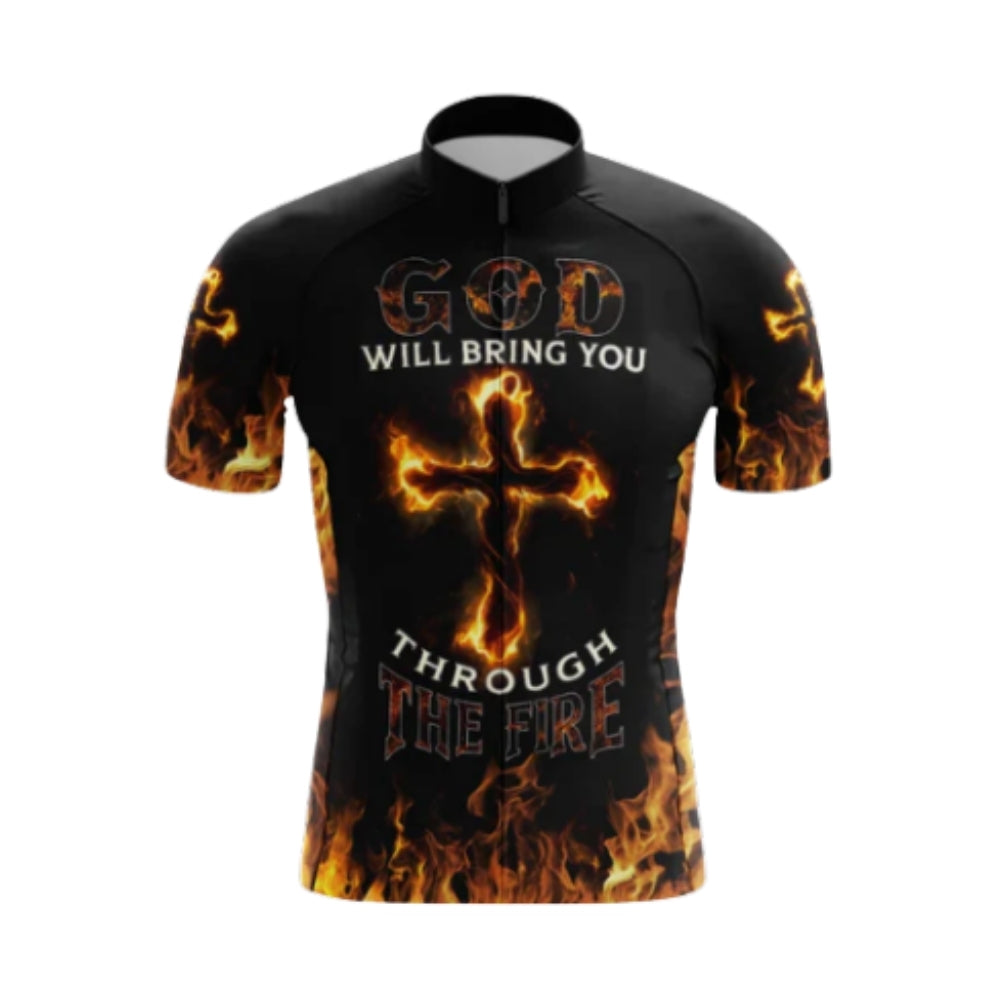 God Wil Bring You Through The Fire Cross Flame Short Sleeve Cycling Jersey For Men, Christian Cycling Jerseys CG0545