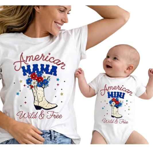 American Mama Mini Wild And Free Matching T Shirt, Western 4th Of July Family Matching Shirts ET0627
