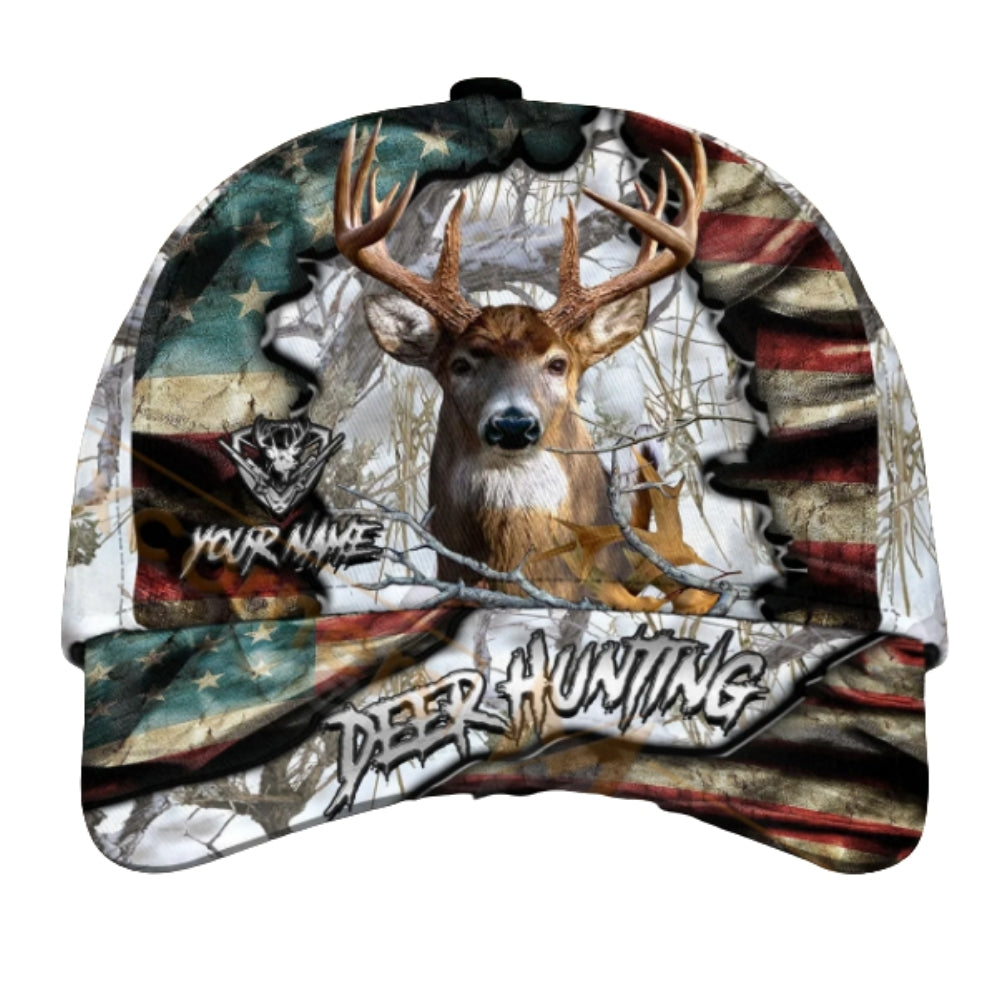 Deer Hunting Personalized USA Flag Camo Baseball Cap, Custom Name Deer Cap For Hunter CP0438