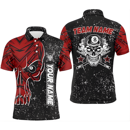 Black And Red Custom Grunge Skull Billiard Men Polo Shirts, Custom Skull Billiard Team Shirts BIZ0210