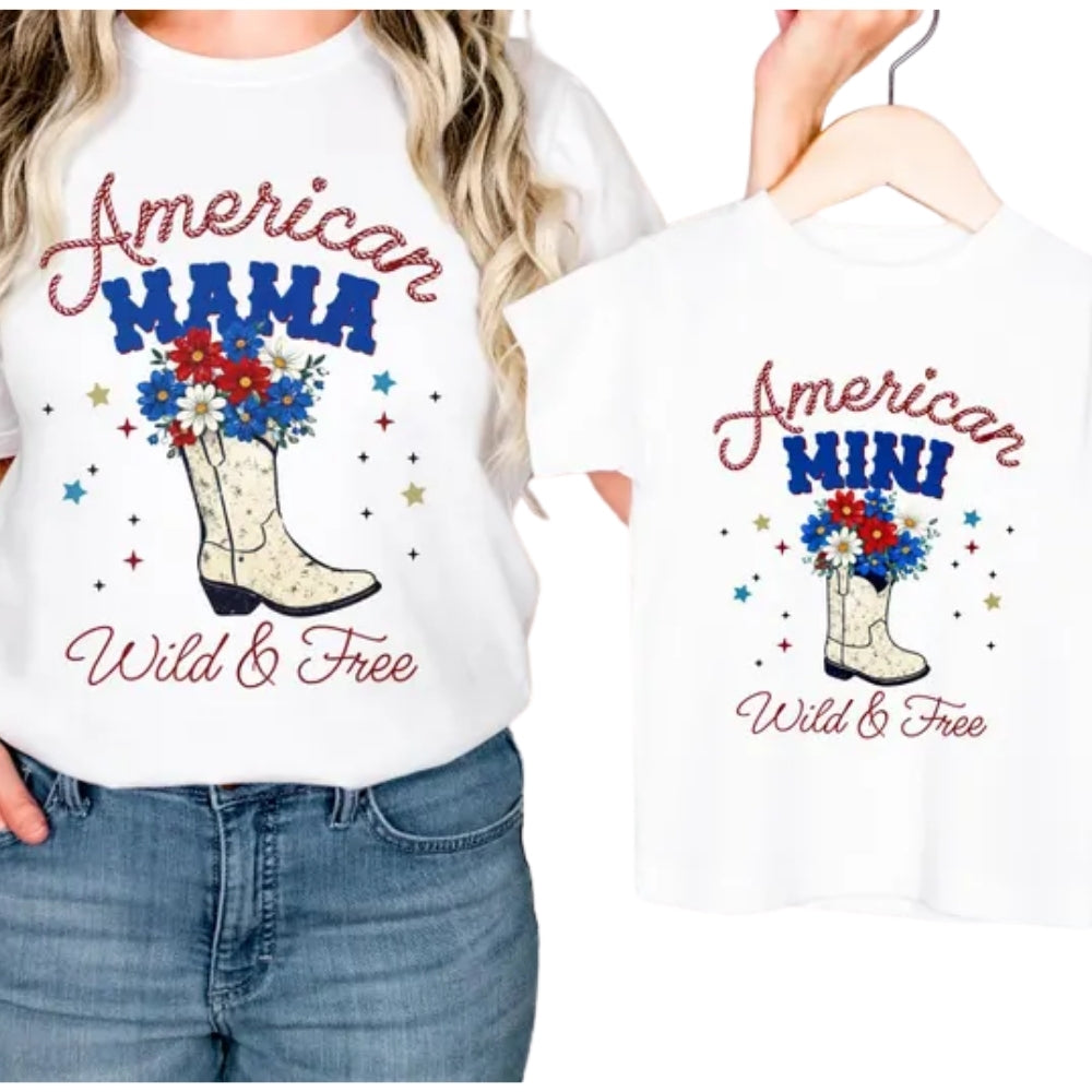 American Mama Mini Wild And Free Matching T Shirt, Western 4th Of July Family Matching Shirts ET0627