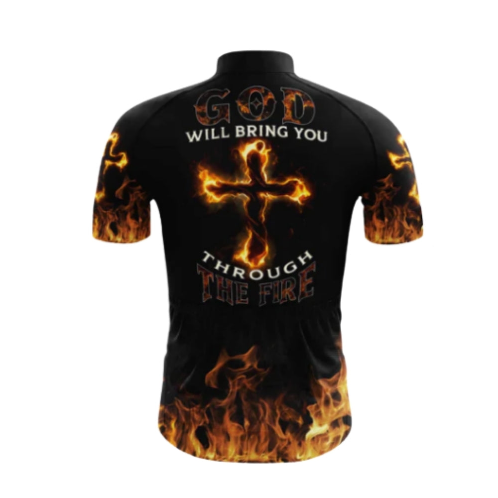God Wil Bring You Through The Fire Cross Flame Short Sleeve Cycling Jersey For Men, Christian Cycling Jerseys CG0545