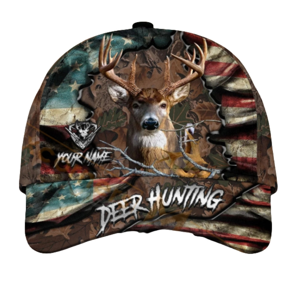 Deer Hunting Personalized USA Flag Camo Baseball Cap, Custom Name Deer Cap For Hunter CP0438
