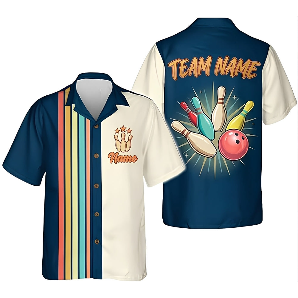 Custom Retro Blue Beige Hawaiian Bowling Shirt Men Women, Custom Retro Bowling Shirts For Team BZ0377