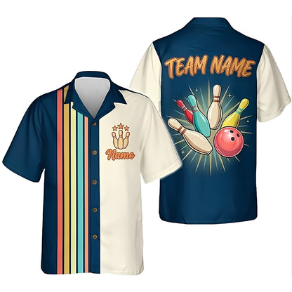 Custom Retro Blue Beige Hawaiian Bowling Shirt Men Women, Custom Retro Bowling Shirts For Team BZ0377