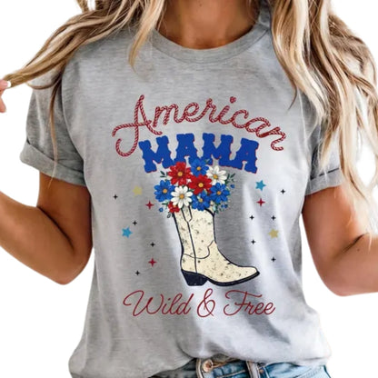 American Mama Mini Wild And Free Matching T Shirt, Western 4th Of July Family Matching Shirts ET0627