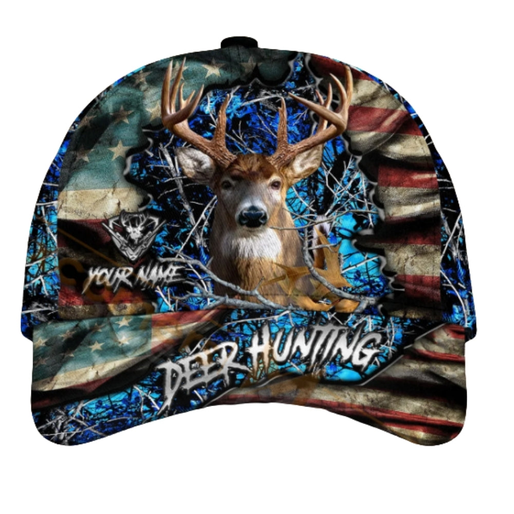 Deer Hunting Personalized USA Flag Camo Baseball Cap, Custom Name Deer Cap For Hunter CP0438