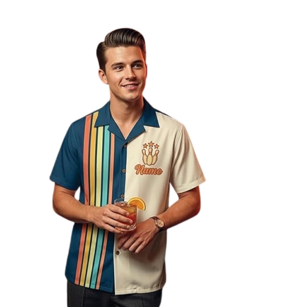 Custom Retro Blue Beige Hawaiian Bowling Shirt Men Women, Custom Retro Bowling Shirts For Team BZ0377