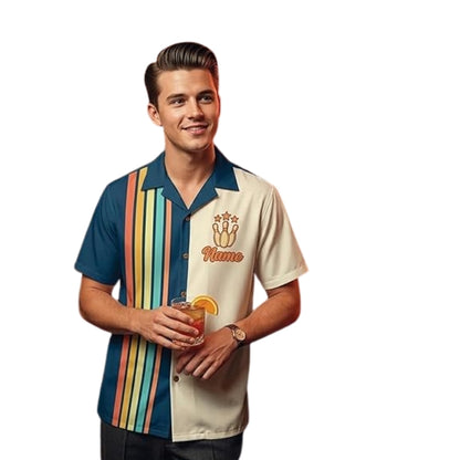 Custom Retro Blue Beige Hawaiian Bowling Shirt Men Women, Custom Retro Bowling Shirts For Team BZ0377