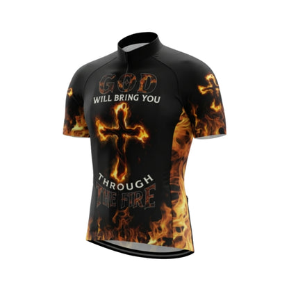 God Wil Bring You Through The Fire Cross Flame Short Sleeve Cycling Jersey For Men, Christian Cycling Jerseys CG0545