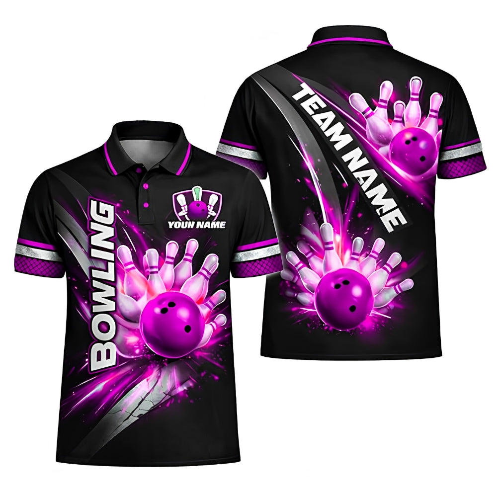 Custom Team Black And Purple Bowling Polo Shirt For Men, Custom Bowling Shirts BZ0378