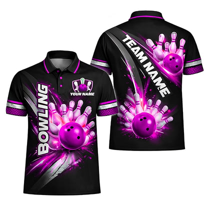 Custom Team Black And Purple Bowling Polo Shirt For Men, Custom Bowling Shirts BZ0378