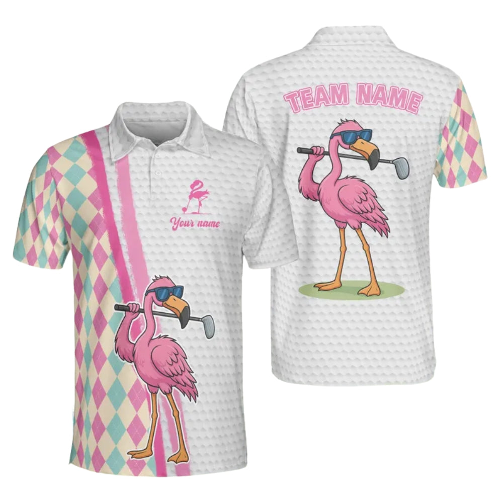 Custom Flamingo Argyle Golf Polo Shirts For Men, Custom Flamingo Golf Team Shirts GE0379