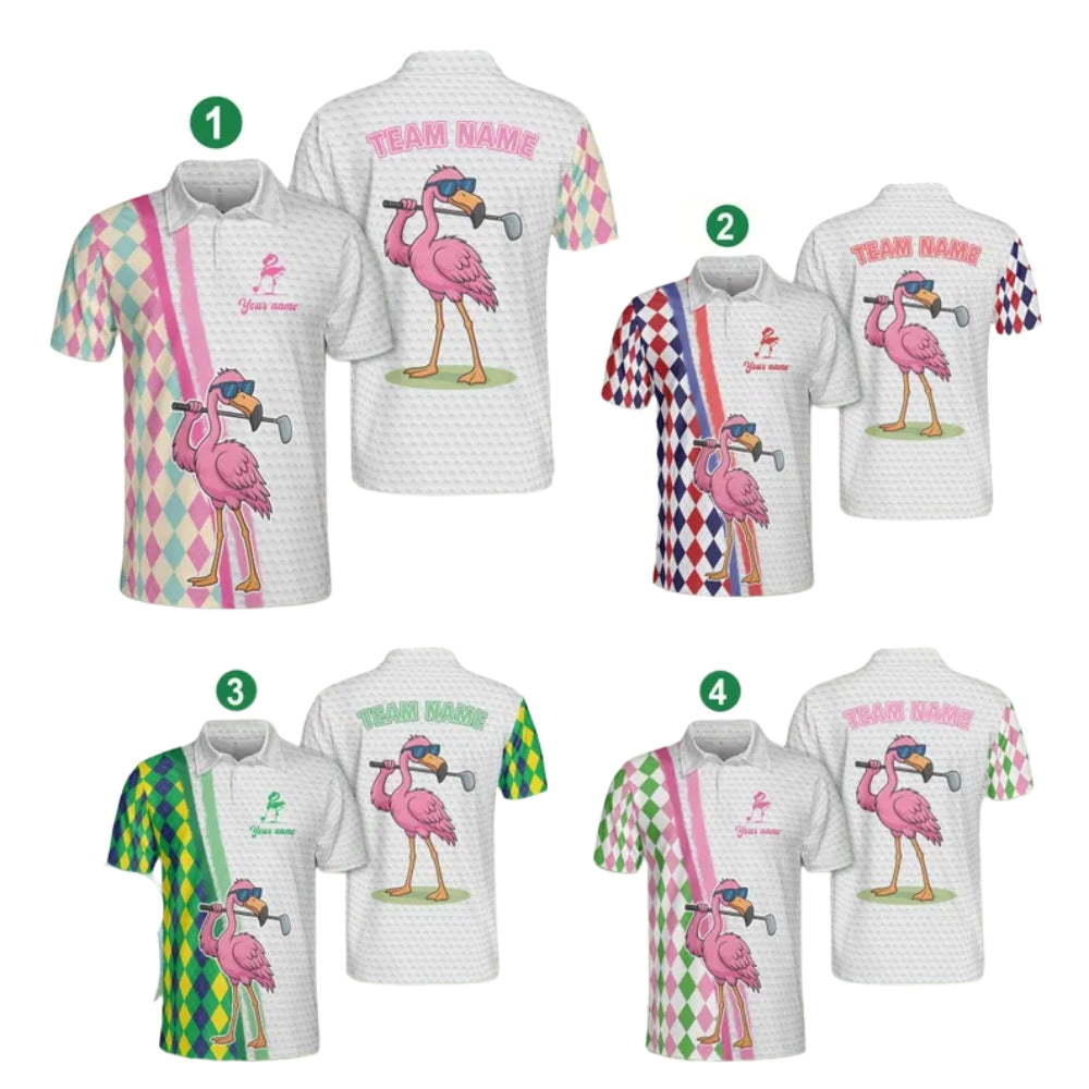 Custom Flamingo Argyle Golf Polo Shirts For Men, Custom Flamingo Golf Team Shirts GE0379