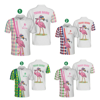 Custom Flamingo Argyle Golf Polo Shirts For Men, Custom Flamingo Golf Team Shirts GE0379