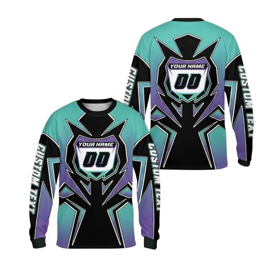 Custom Gradient Cyan And Purple Men's Motocross Long Sleeve Jersey, Custom Gradient Dirt Bike Shirts With Number ME0020